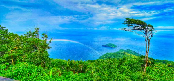 Blick zur Nordküste mit Regenbogen, Trinidad